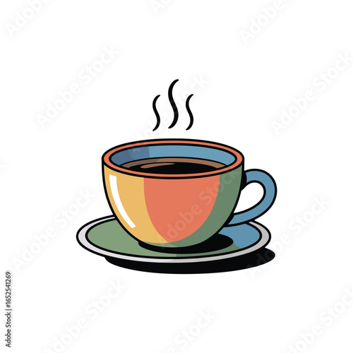 Colorful illustration of a steaming cup of coffee on a saucer drink