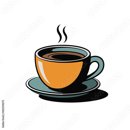 Stylized illustration of a steaming orange coffee cup on a saucer drink