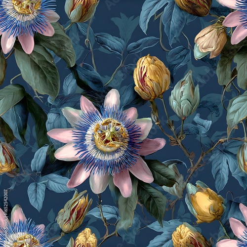 Vintage Botanical Pattern of Pink and Blue Passion Flowers and Buds passionflower floral