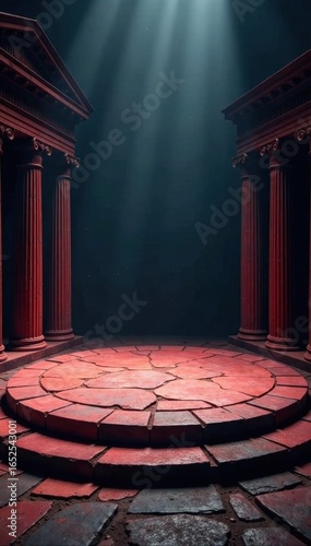 Empty circular fighting stage, dark Greek pillars, drama, texture