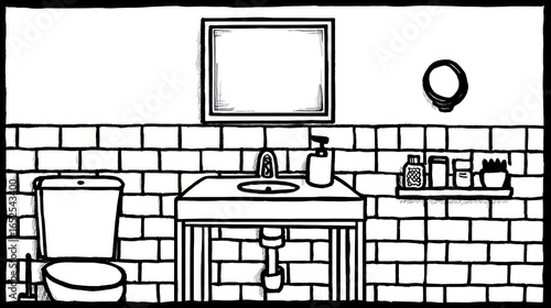 Black and white bathroom scene with tiled wall, toilet, sink, and mirror