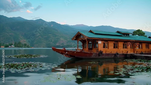 Wooden Houseboat on Serene Lake with Lily Pads and Mountains at Sunset under Natural Lighting