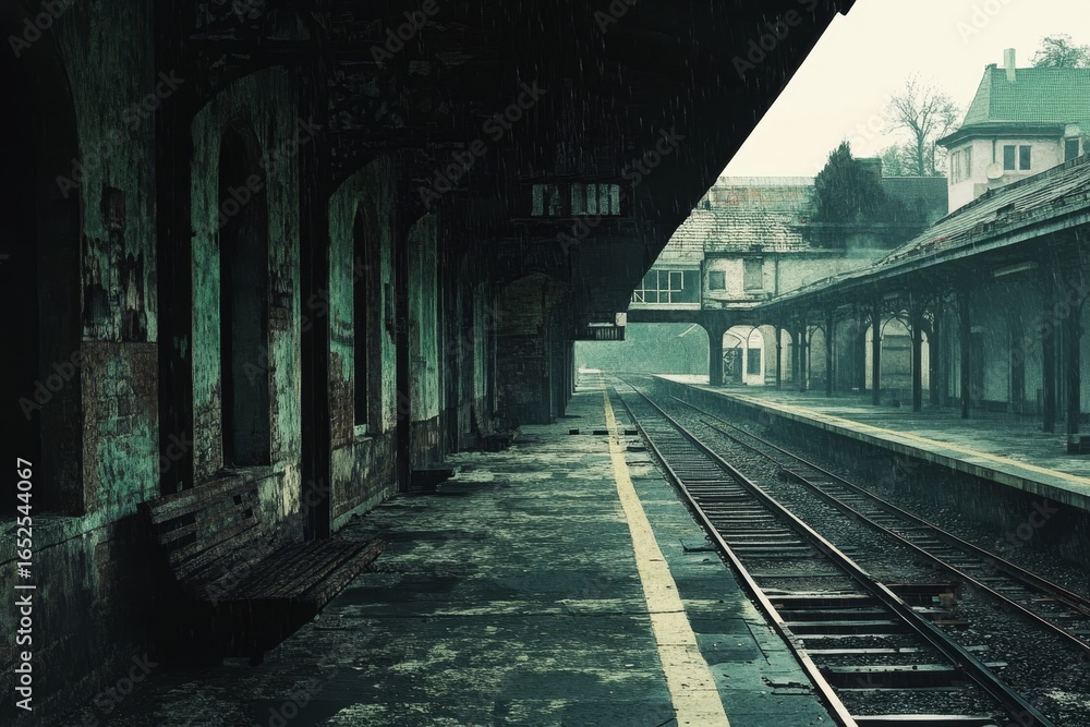 Fototapeta premium Empty train station platform with tracks and buildings in the background.