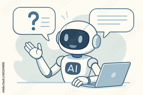 AI chat bot concept. Artificial intelligence robot character answering questions in a conversation. Virtual assistant, online support service. Vector cartoon illustration.