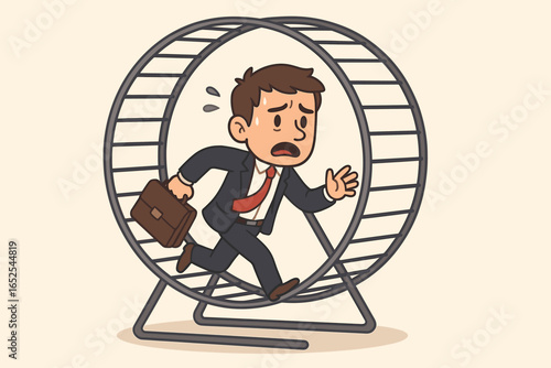 Businessman running in a hamster wheel, a metaphor for the rat race. Concept for corporate routine, being trapped in a repetitive job, endless work, stress, and burnout.