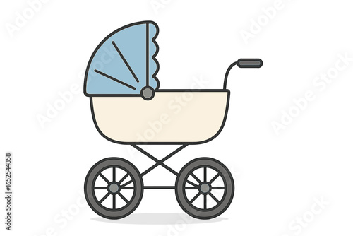Classic blue baby stroller vector illustration. Cute pram icon for newborn boy. Cartoon baby buggy carriage graphic for kids. Maternity and parenting concept design.
