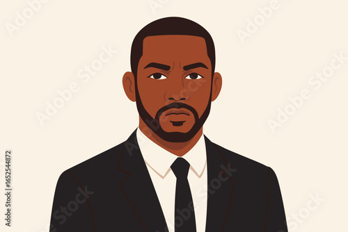 Black businessman vector portrait. Serious African American man in suit. Confident entrepreneur face. Corporate professional character avatar for business profile.