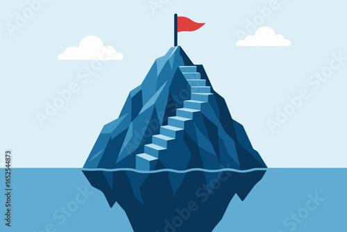 Business iceberg model for corporate strategy and success. Steps to the top of the mountain. Career ladder to reach the goal flag. Hidden effort and potential concept vector.