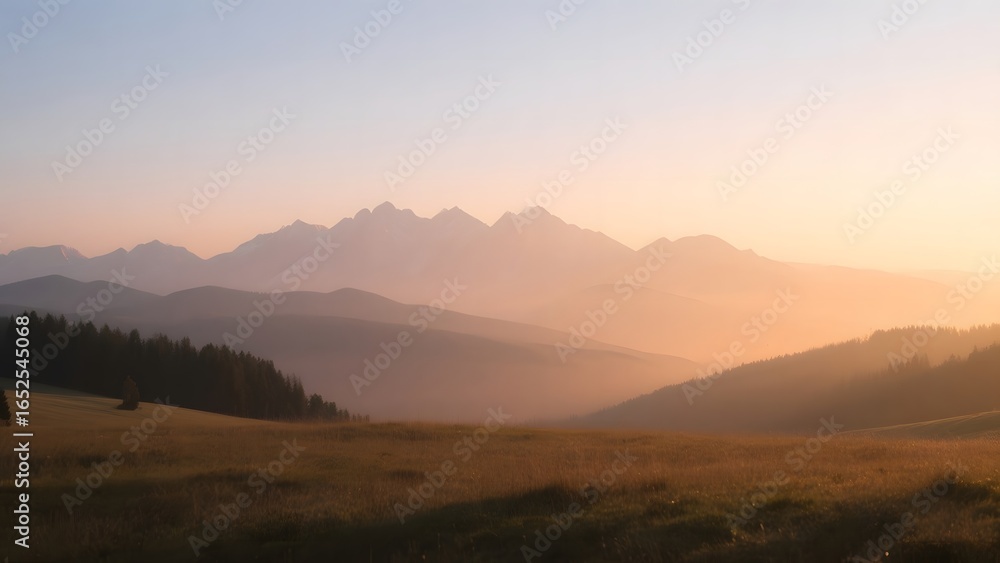 Obraz premium Golden Sunrise Over Mountain Range with Hazy Valley