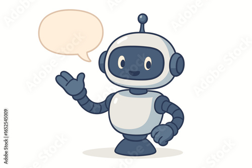 Chatbot character vector illustration. Friendly robot assistant with speech bubble. AI technology concept for customer service, support, online help. Cute cartoon mascot.