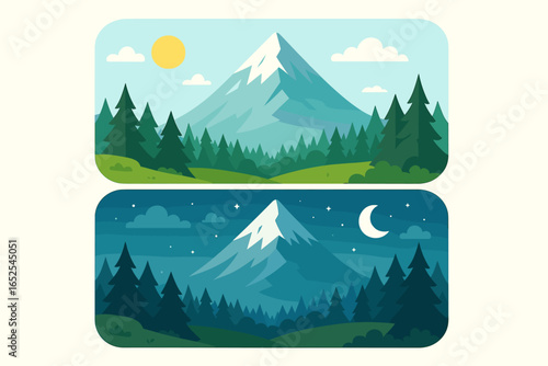 Day and night landscape set. Same nature scene with forest and mountain in daylight with sun and at nighttime with moon and stars. Time transition, cycle concept illustration.
