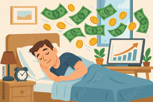Passive income concept with man earning money while sleeping. Financial freedom and wealth with automated online business. Investment growth chart on computer screen. Vector.