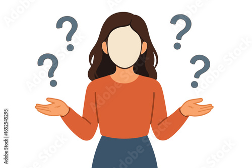 Faceless person with question marks. Metaphor for identity crisis, loss of personality, mental state. Psychology concept of a confused, anonymous woman seeking answers. Vector.