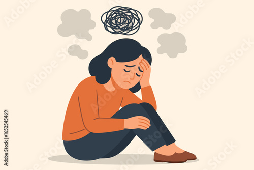Sad, depressed woman with mental health issues. Burnout, anxiety, and brain fog concept. Frustrated person with tangled thoughts. Psychology and emotional exhaustion vector.