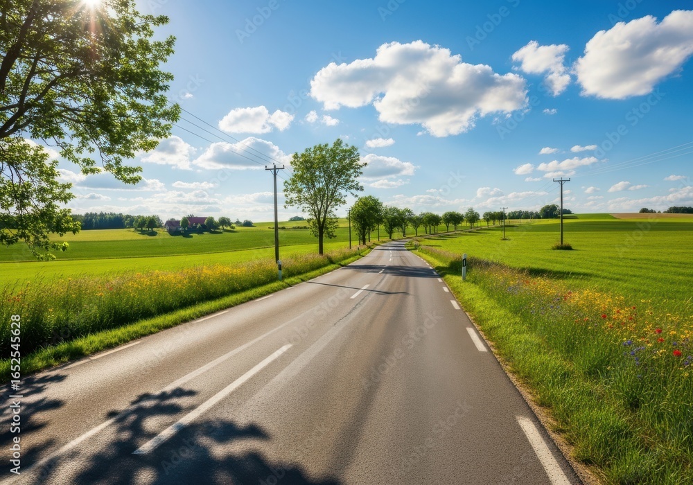 Fototapeta premium Picturesque countryside road on a summer day with idyllic scenery around it