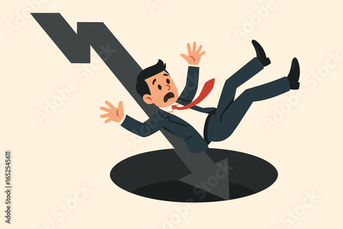 Businessman falling down an arrow hole. Concept of business failure, financial crisis, bankruptcy, recession, investment loss, stock market crash, and a bad economy.