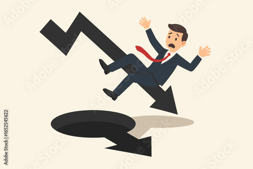 Financial crisis metaphor. Scared businessman falling down arrow graph into a hole. Concept of business failure, bankruptcy, risk, market crash, recession, investment loss.