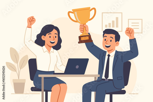 Business winners with gold trophy. Team success concept. Happy man and woman celebrating in office. Teamwork achievement. Partnership reaching goal. Victory and award vector.