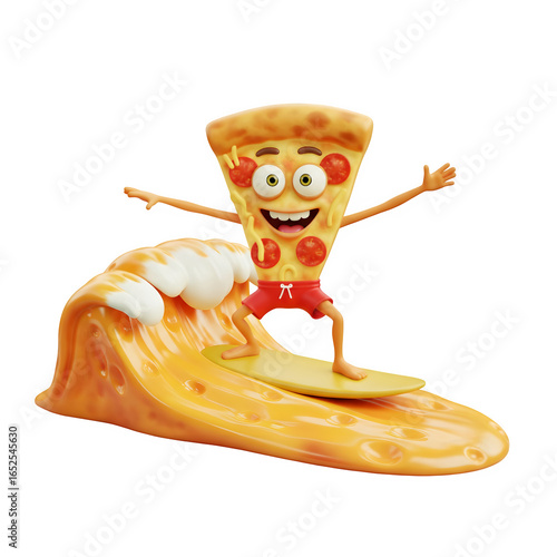Goofy 3D Pizza slice surfing on melting cheese waves transparent background 