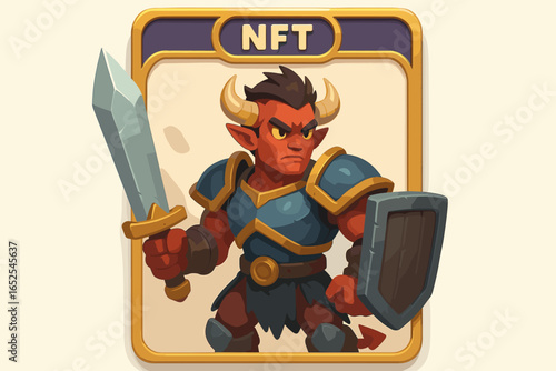NFT crypto art collectible card. Non-fungible token concept for digital trading card game. Fantasy demon warrior character with sword and shield. Fictive digital art vector.