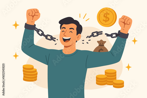 Financial independence concept. Man breaking chains for money freedom. Rich successful businessman celebrating liberation from debt. Wealth and success metaphor illustration.