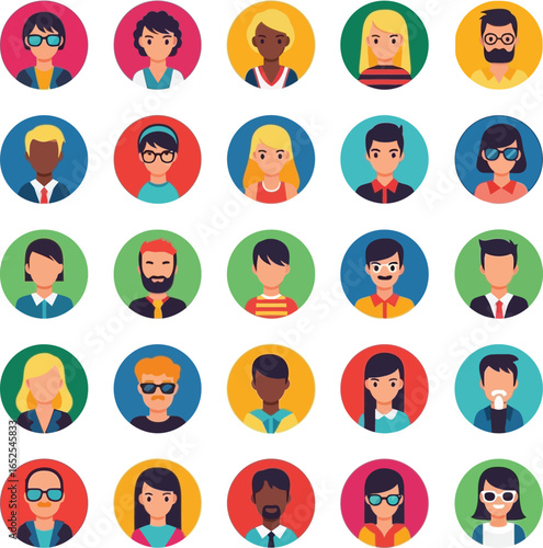 Diverse team avatar collection for modern professional website or app design with colorful flat icons