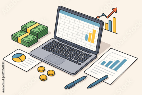 Isometric business finance concept. Laptop with spreadsheet and graph. Financial analysis, report, statistics. Investment growth, profit, success. Money, cash, coins. Arrow up.