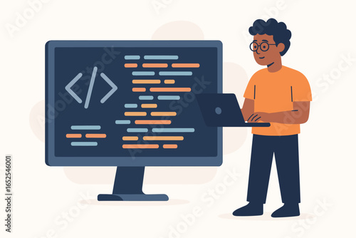 Developer coding on laptop next to big screen. Programmer writing code. Software development concept. Man at work. IT specialist programming. Flat design vector illustration.