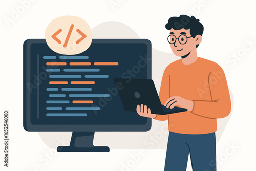 Programmer working on computer, writing code. Man developer at work concept. Software engineer, coder, IT specialist coding on laptop. Flat design vector illustration.