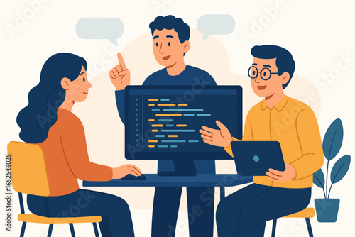 Team of developers working on project. Programmers collaborating, discussing code on computer screen. IT specialists brainstorming. Software engineering, web development concept.