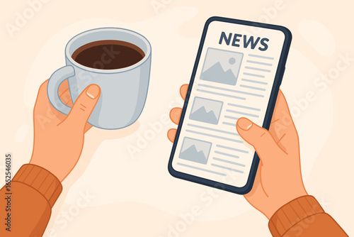 Hands holding smartphone and coffee cup. Man or woman reading online news on phone, scrolling social media feed. Morning routine with hot drink and technology concept.