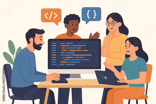 Team of developers working on web development. Programmers discussing code on computer screen. Coworking and collaboration in IT office. Flat design vector cartoon illustration.