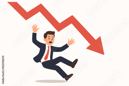 Financial trouble and economic crisis concept. Businessman character falling with a red negative arrow pointing down. Recession, investment loss, stock market crash metaphor.