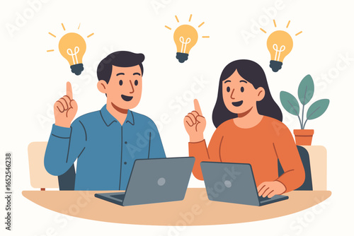 Business people have an idea. Teamwork and brainstorming concept. Man and woman working on laptops in office. Creative solution with light bulb. Flat design vector.