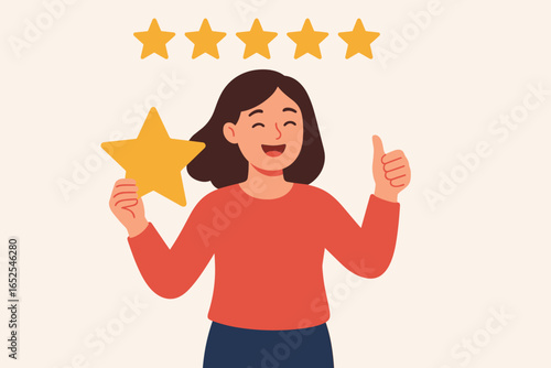 Satisfied woman customer gives a positive five-star review. Happy client with feedback and thumbs up for excellent service. User experience rating concept in flat vector design.