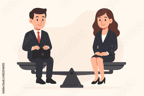 Gender equality in the workplace, business man and woman balancing on seesaw scale. Equal opportunity, equal pay, work diversity, corporate team, office career, HR concept. Vector illustration.