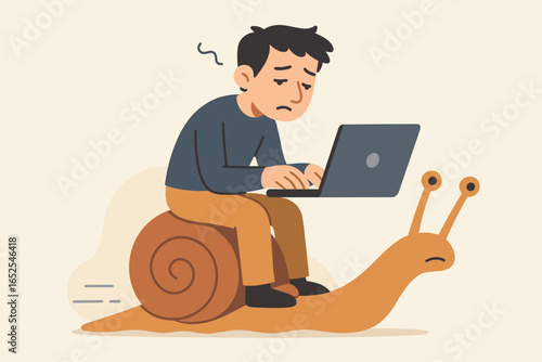Man with laptop working slowly on a snail. Metaphor for slow progress, procrastination, inefficiency, and burnout. Boring, unproductive work. Low productivity concept.