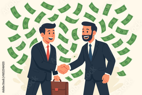 Two businessmen shaking hands under a money rain. Concept of a profitable deal, successful partnership, financial agreement, and business investment. Vector illustration.
