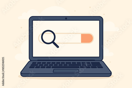 Concept of searching information on the internet. Laptop with search bar and magnifying glass on screen. Online browser, web surfing, seo, data research. Vector illustration.