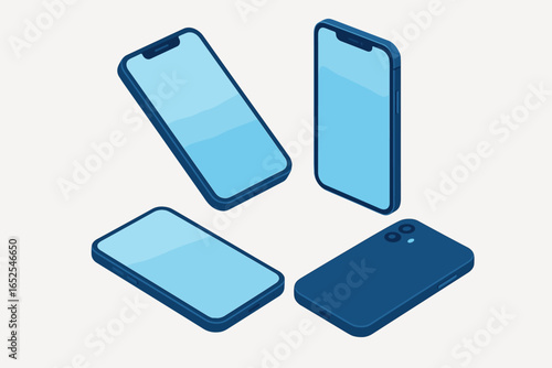 Isometric smartphone mockup set for presentation. Mobile phone vector template collection showing front, back, and perspective views. Modern blue device with blank screen for UI/UX.