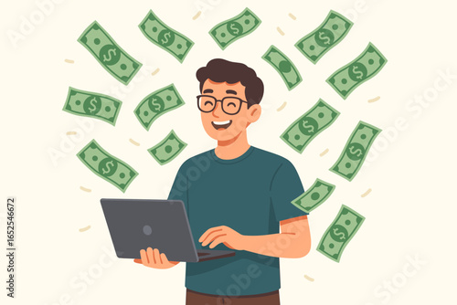 Man earning money online with laptop. Happy freelancer character under money rain. Financial success, passive income, online business, and profit concept vector illustration.