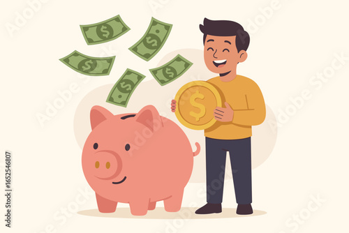 Man saving money in piggy bank vector illustration. Concept of personal finance, investment, deposit, wealth, income. Happy person with gold coin and moneybox. Budget planning.