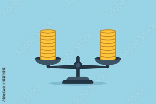 Money balance on weight scale. Concept of financial equality, comparing value, cost, and profit. Flat vector illustration of a balanced budget, investment, and economy.