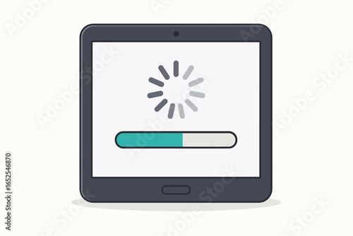 Tablet device screen showing loading bar and wheel. System update or software download process. Waiting for installation, data transfer or buffering. Vector illustration.