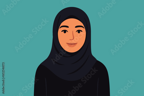Muslim woman in hijab vector illustration. Portrait of a modern arab female person. Flat design character for avatar or profile picture. Islamic girl in headscarf.