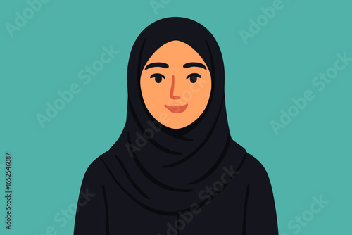 Muslim woman in hijab vector illustration. Portrait of a modest arab female face. Flat design character. Concepts for Islamic culture, diversity, women rights, and empowerment.