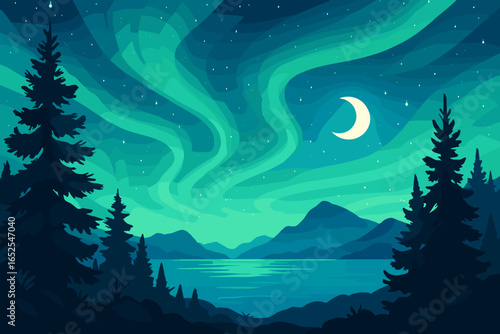 Northern lights landscape vector illustration. Aurora borealis over mountains and calm lake. Starry night sky with crescent moon. Pine forest silhouette, magical nordic scenery.