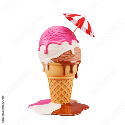 3D Ice cream cone melting and holding a tiny umbrella transparent background 