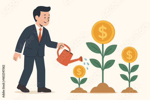 Financial growth concept with businessman watering money tree. Investment, savings, and wealth management metaphor. Flat vector cartoon illustration of business success.