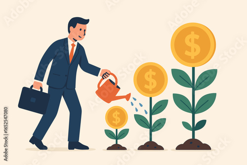 Businessman watering money tree. Financial growth vector concept. Investment, savings, wealth accumulation. Nurturing capital for profit, success, and return on investment.